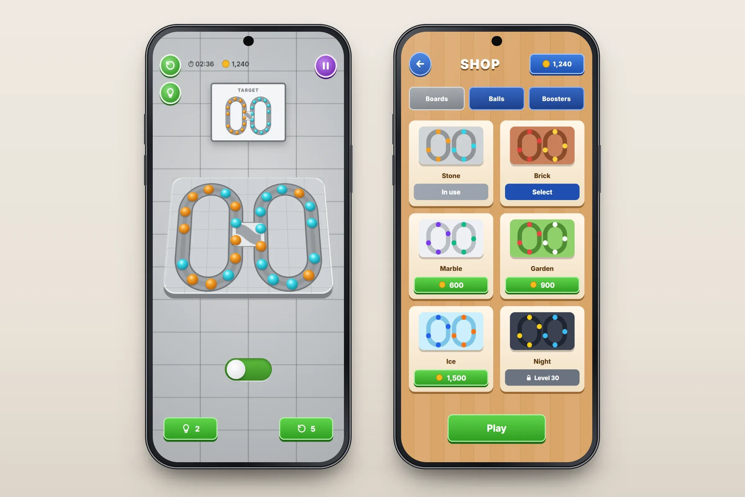 Two recreated screens: a stone-grey 3D board with two oval loop tracks of orange and turquoise balls joined by a switch in the middle, a target pattern above, a toggle below and hint and restart buttons; and a wooden shop with Boards, Balls and Boosters tabs and six board styles — one in use, one owned, three priced in coins and one unlocked at level 30