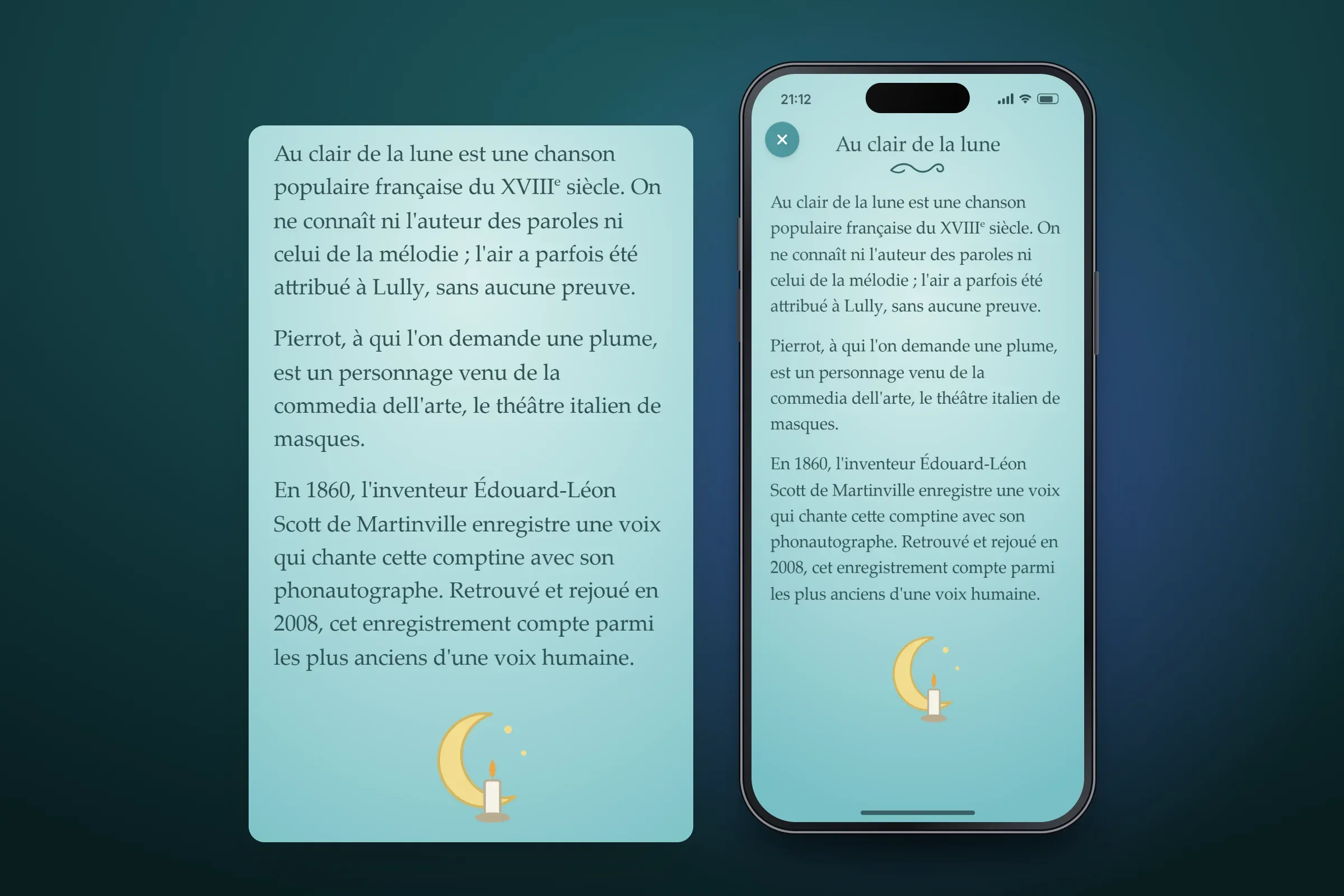 Recreated teal origin page for Au clair de la lune with a close button and a small moon and candle drawing, and an enlarged panel of its text explaining that the song is an 18th-century French folk song, that Pierrot comes from the commedia dell'arte, and that it was recorded on a phonautograph in 1860