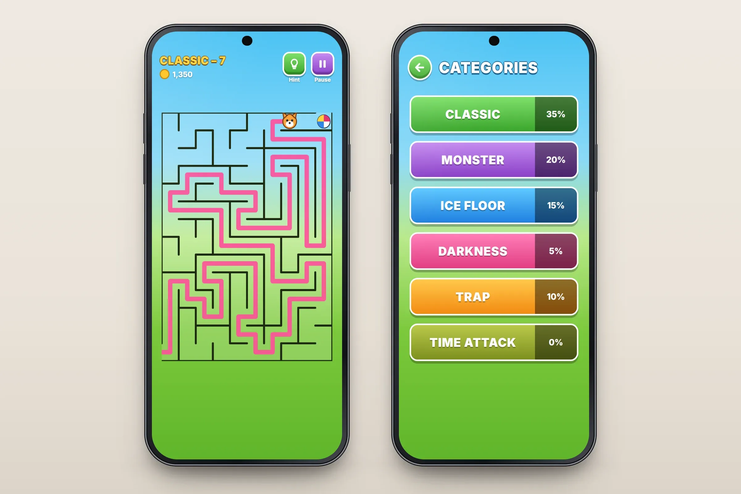 Two recreated screens on a sky-and-grass background: level Classic 7 with 1,350 coins, hint and pause buttons and a maze where a pink path leads a small fox almost to the ball at the exit; and the categories screen with Classic, Monster, Ice floor, Darkness, Trap and Time attack, each with its progress