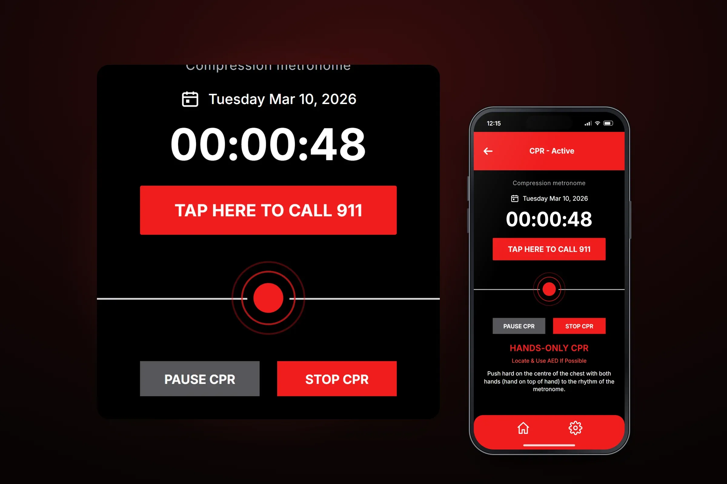 Recreated CPR - Active screen with the reminders Hands-only CPR and Locate and use AED if possible, and an enlarged view of its upper part: the date Tuesday Mar 10, 2026, elapsed time 00:00:48, a red Tap here to call 911 button, a pulsing red beat marker on a line and Pause CPR and Stop CPR buttons