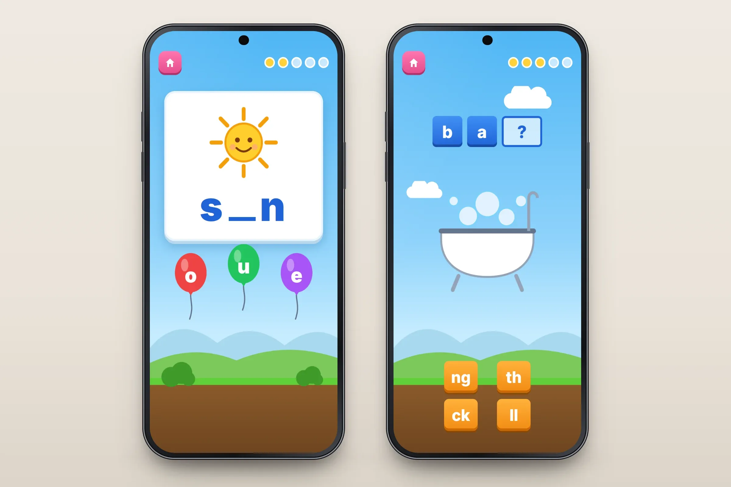 Two recreated screens on a sunny meadow: a smiling sun beside the word s_n with balloons carrying the letters o, u and e; and a bathtub with the letters b and a and an empty slot above it, with letter-pair tiles ng, th, ck and ll on the ground