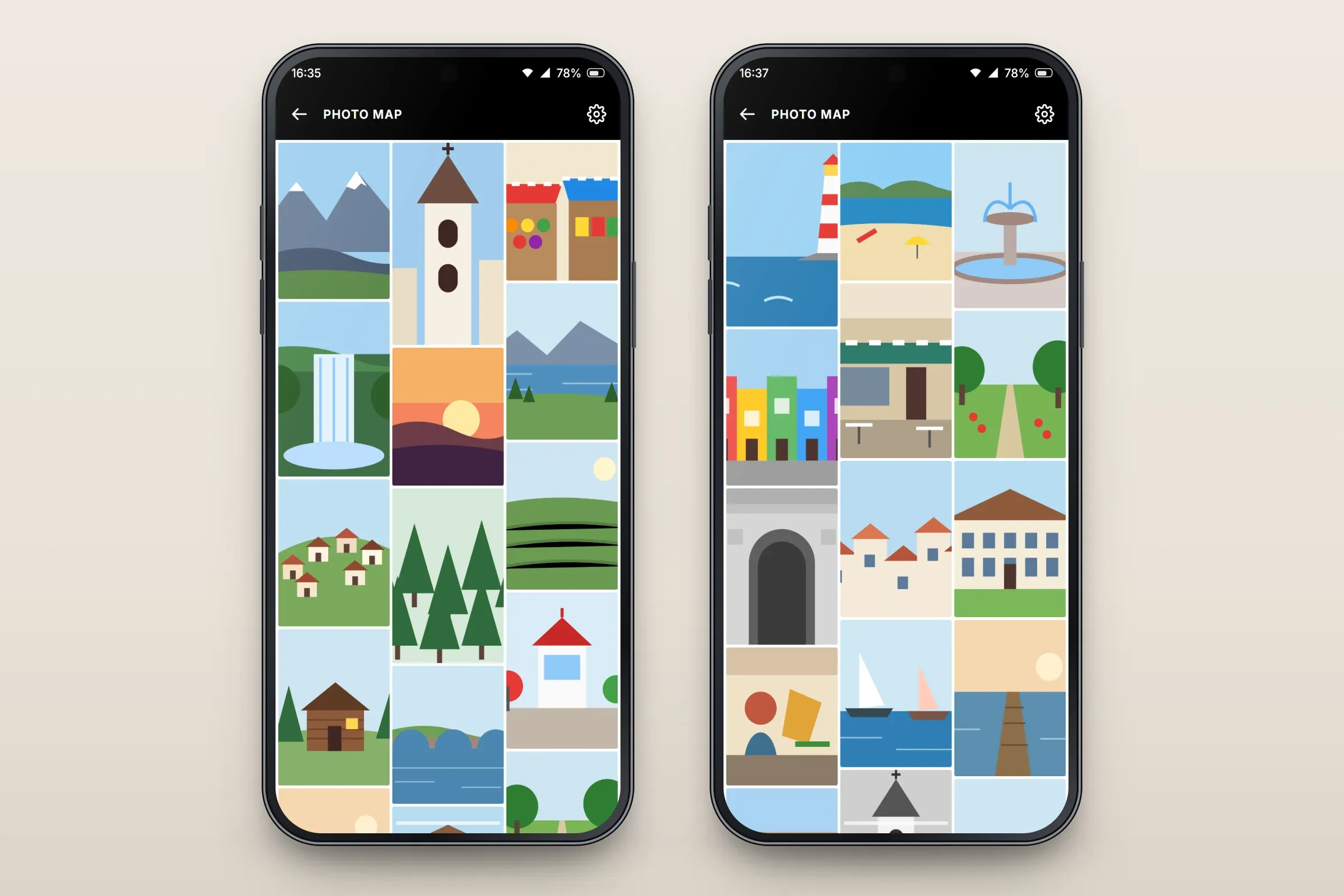 Two recreated photo grids under a black Photo Map bar with back and settings buttons: one of countryside places with drawn mountains, a waterfall, a bell tower, a market, a sunset, a forest, a hillside village and a log cabin; and one of a coastal town with a lighthouse, a beach, a fountain, colourful houses, a café, rooftops, an arch, sailing boats and a pier