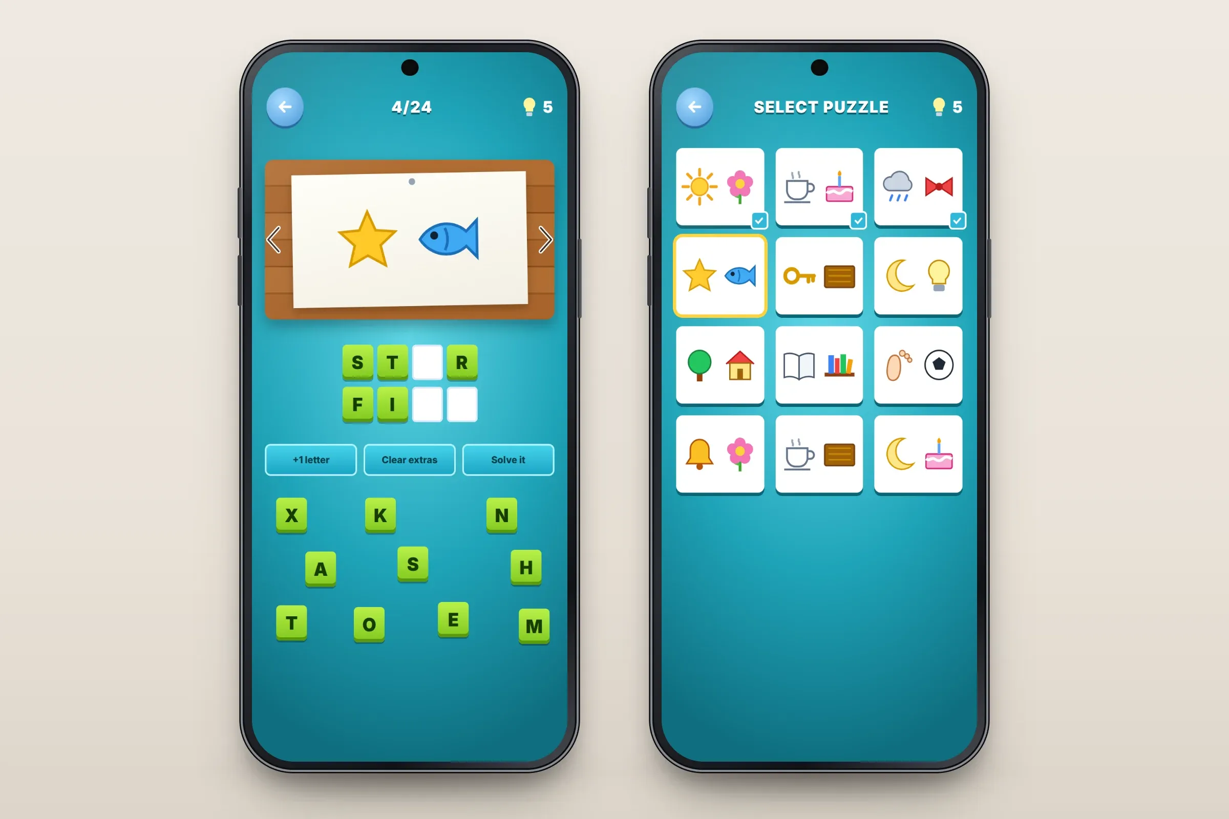 Two recreated screens on a turquoise background: puzzle 4 of 24 with a star and a fish pinned to a wooden board, the answer STAR FISH partly filled in green tiles, three hint buttons and loose letters below; and the puzzle grid with pairs of pictures, the first three ticked as solved and the star and fish highlighted as the current puzzle