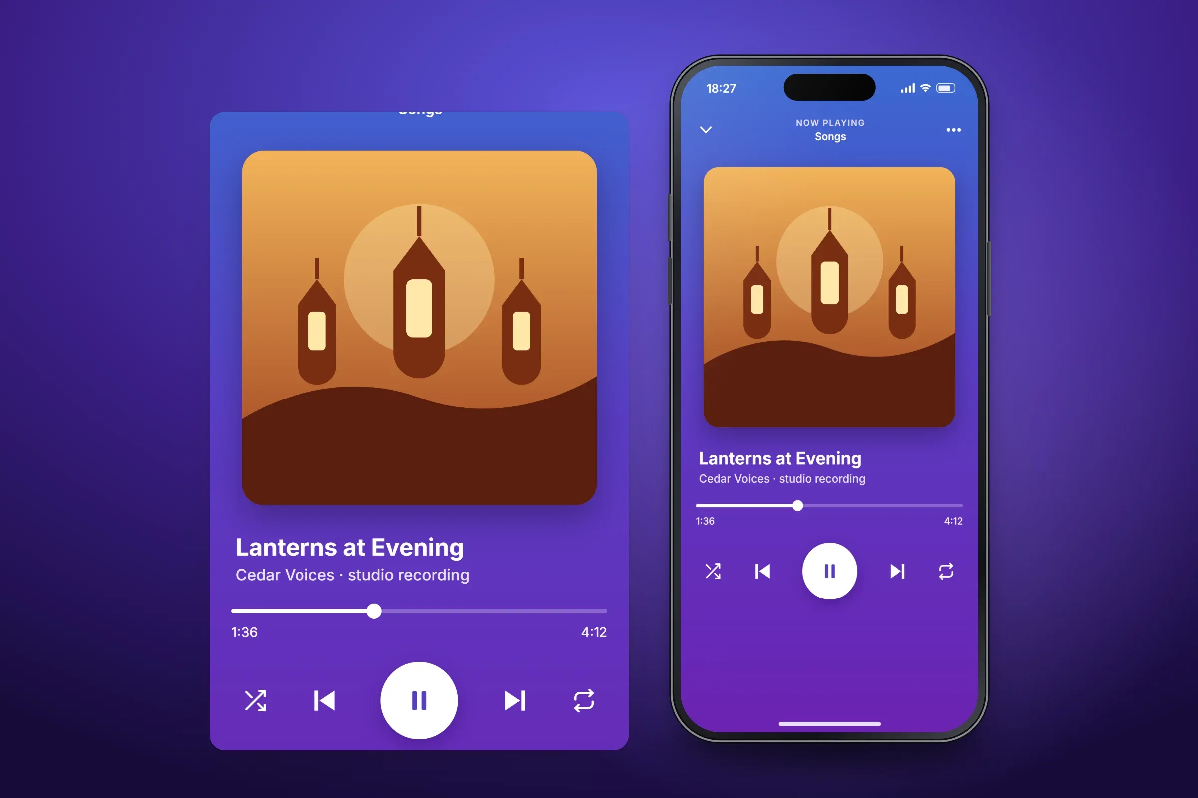 Recreated Now Playing screen, and an enlarged panel of the player for Lanterns at Evening by Cedar Voices, a studio recording, with lantern artwork, a progress bar at 1:36 of 4:12 and shuffle, previous, pause, next and repeat buttons