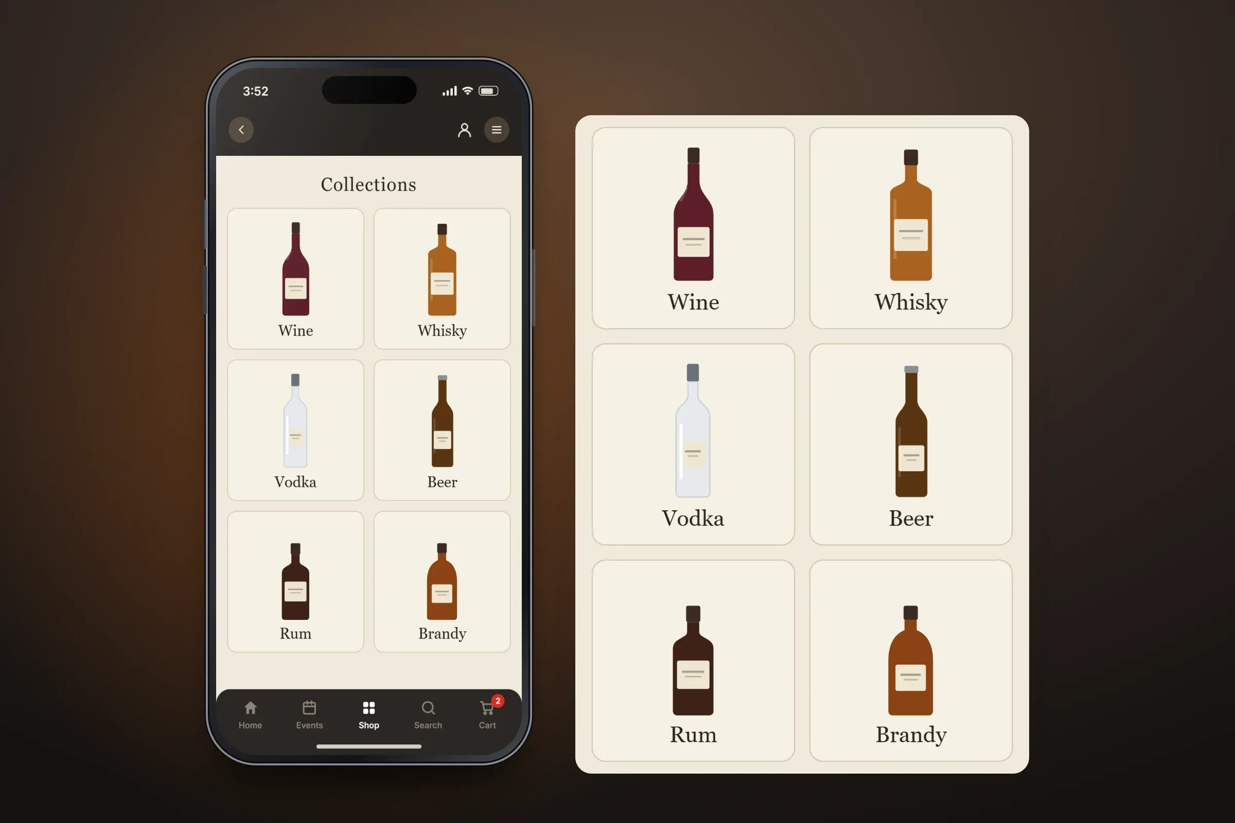 Recreated Collections screen with the Shop tab selected, and an enlarged panel of its six tiles — wine, whisky, vodka, beer, rum and brandy, each with an illustrated unbranded bottle