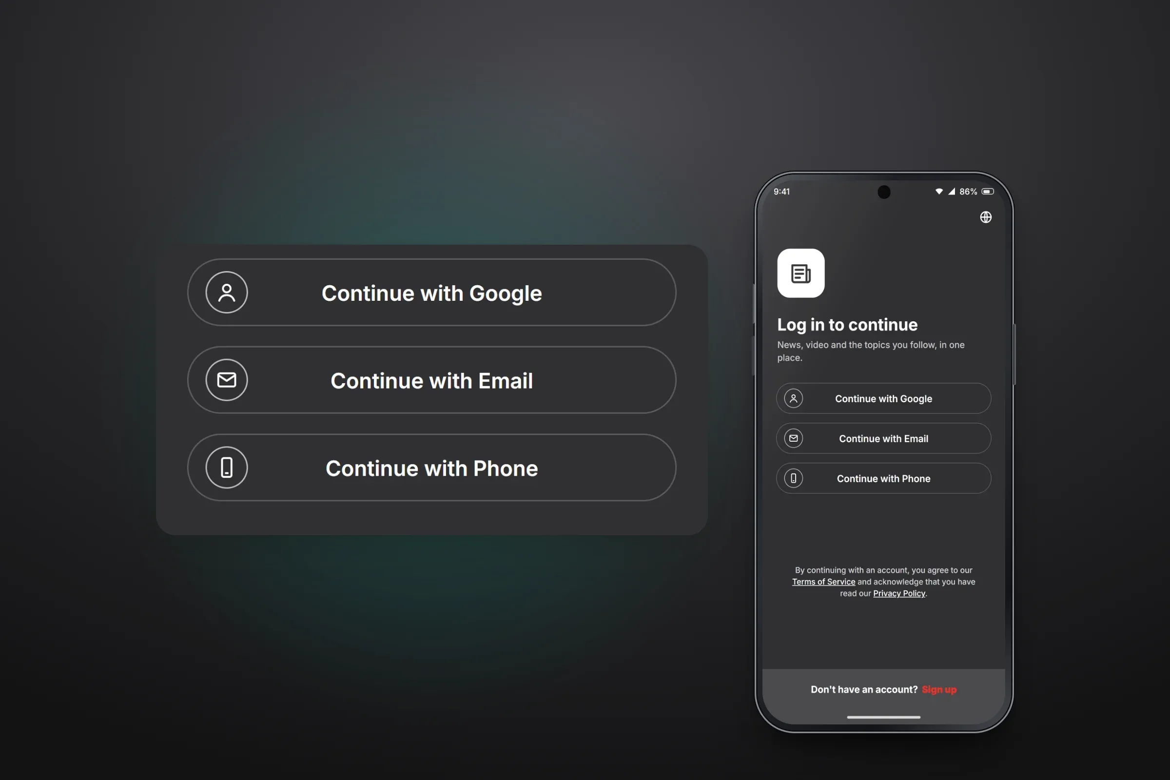Recreated dark sign-in screen with a newspaper app icon, the heading Log in to continue, a short welcome line, a terms notice and a sign-up link, and an enlarged panel of its three buttons: Continue with Google, Continue with Email and Continue with Phone