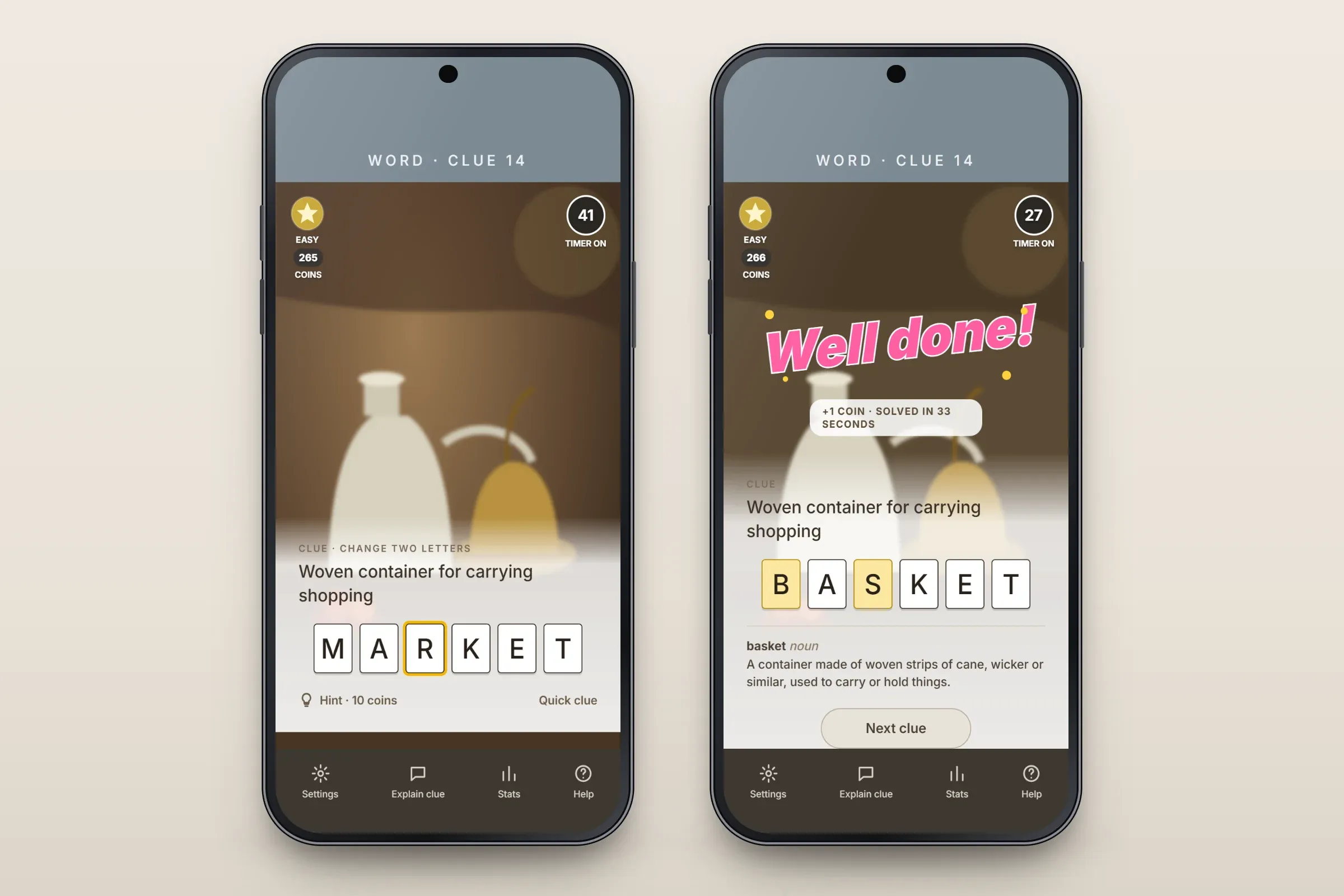 Two recreated screens over a soft painted still life: the clue “Woven container for carrying shopping” with the letter tiles M, A, R, K, E, T, an Easy badge, 265 coins and a timer at 41; and the solved clue with BASKET, its two changed letters highlighted, a “Well done!” message, the dictionary meaning of basket and a Next clue button