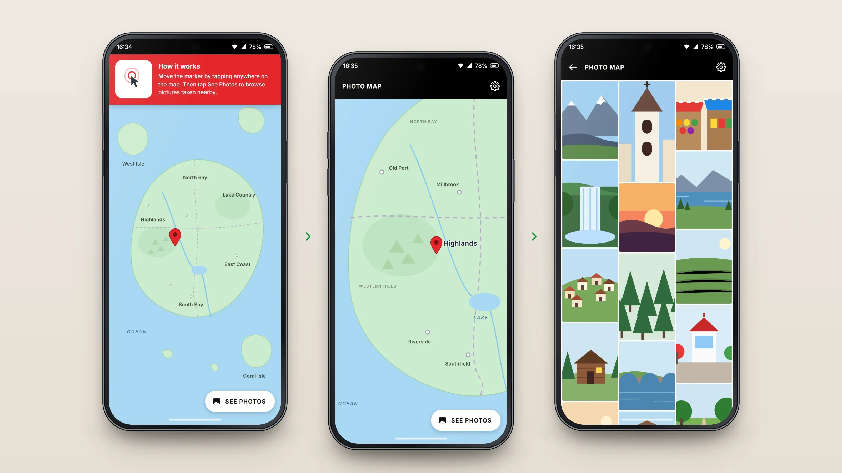 Recreated screens of the app in order, left to right: learn how it works; tap the map; see its photographs