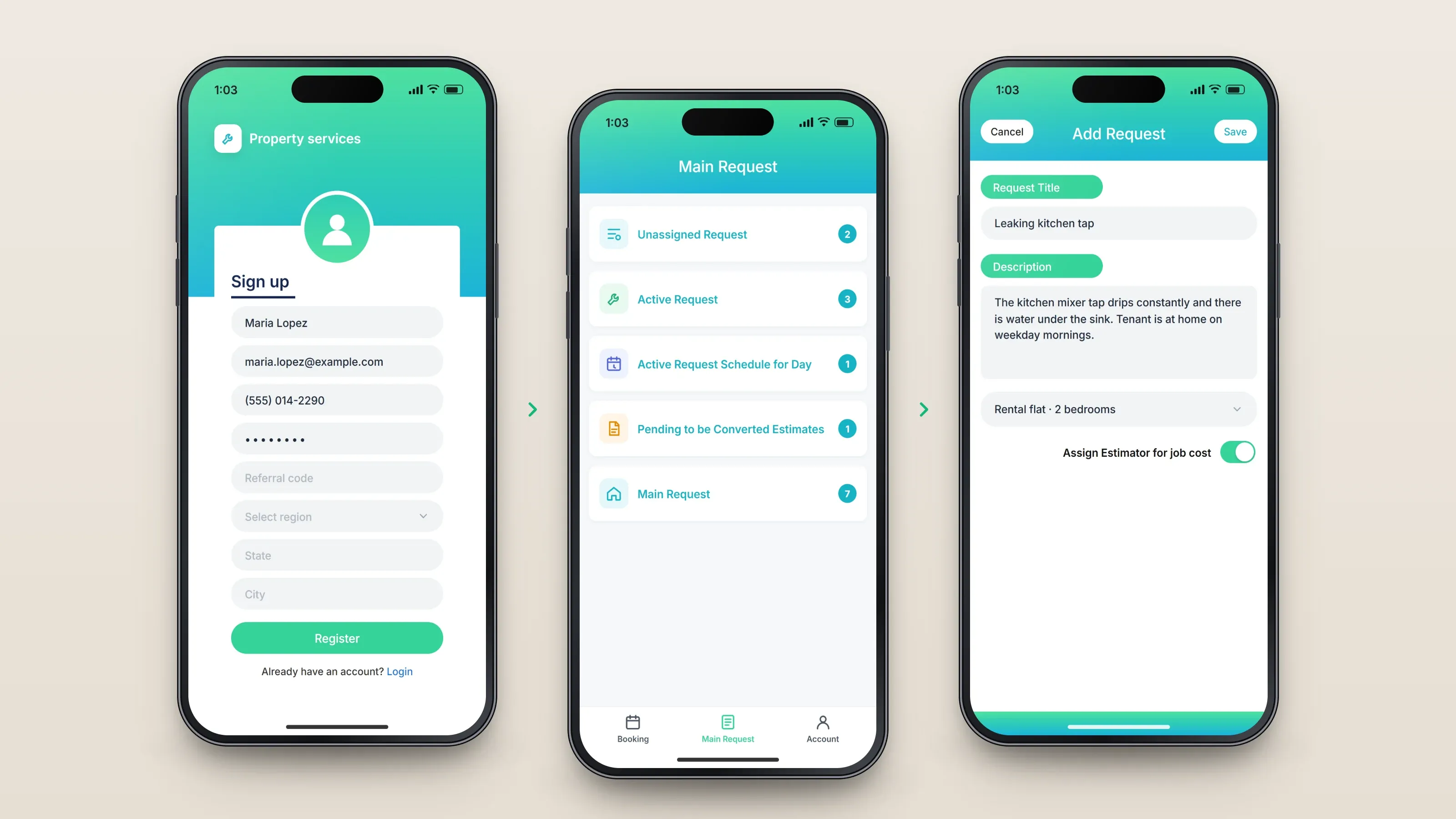 Recreated screens of the app in order, left to right: register; see requests by stage; raise a request