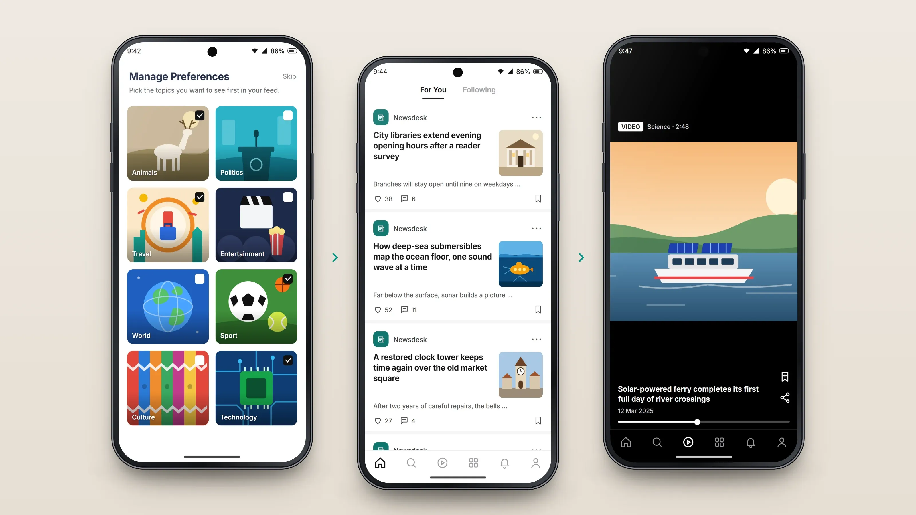 Recreated screens of the app in order, left to right: choose interests; read the feed; watch