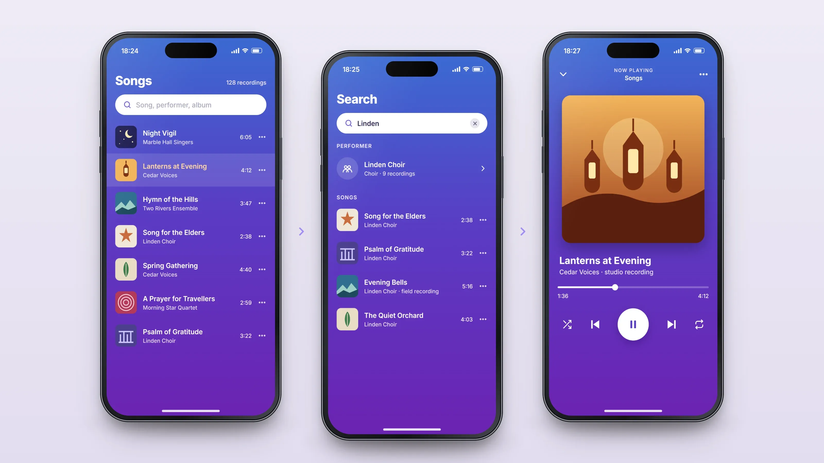 Recreated screens of the app in order, left to right: browse the archive; search; listen