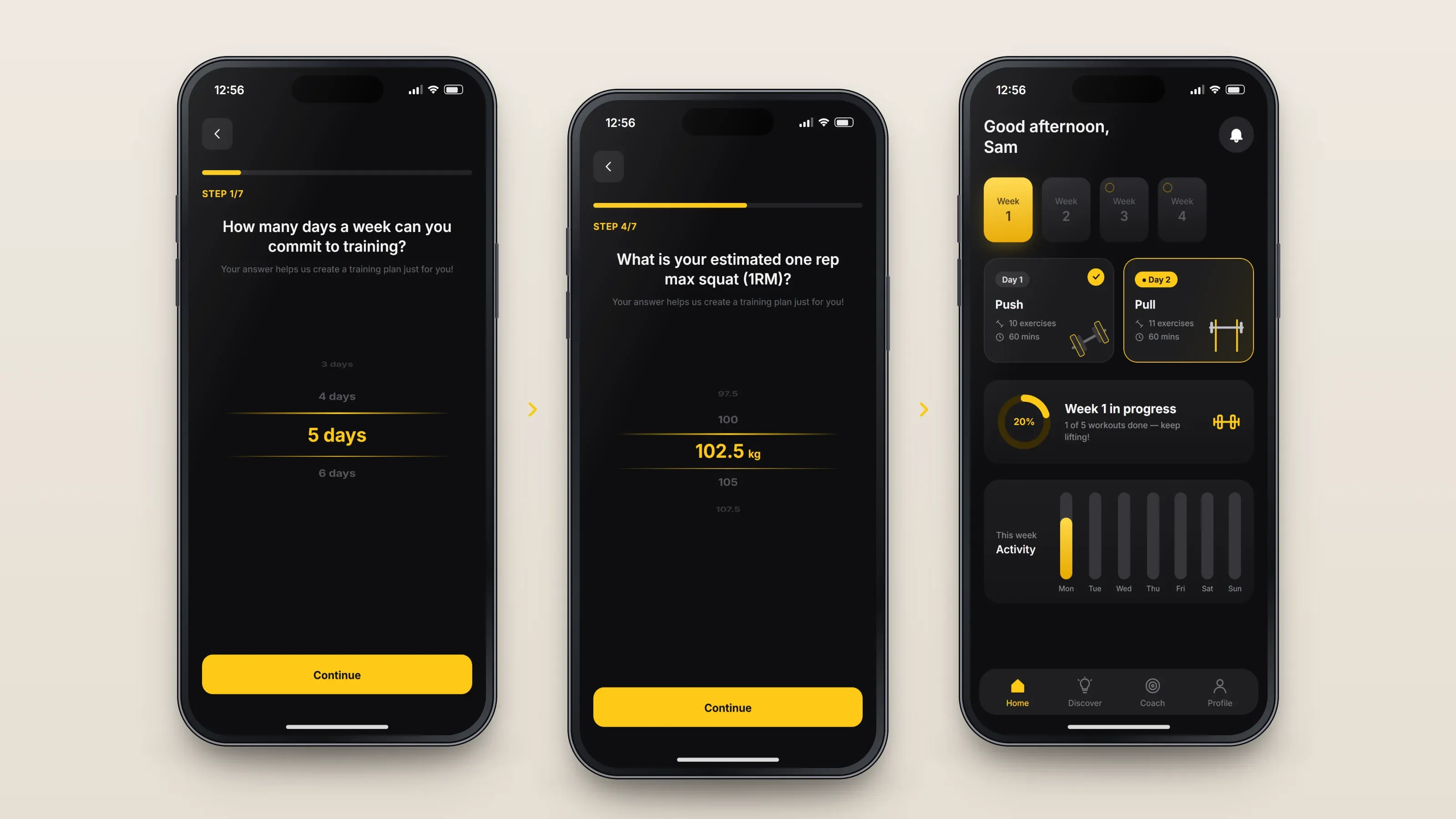 Recreated screens of the app in order, left to right: answer the set-up questions; enter your strength; train the week