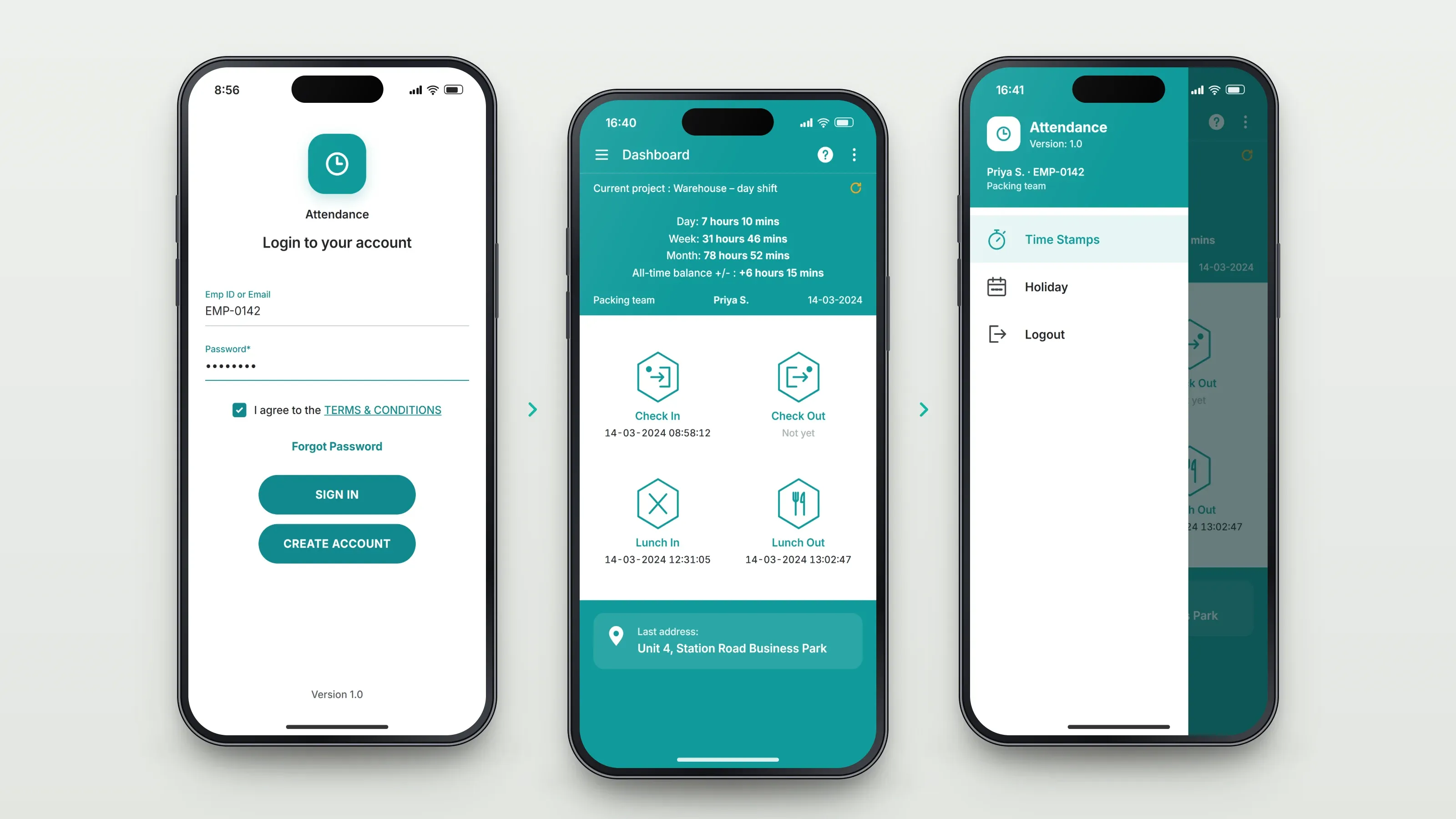Recreated screens of the app in order, left to right: sign in; record the day; look back