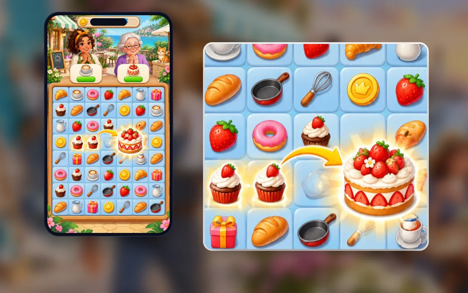 Representative gameplay screen on a phone with a close-up: two customers with orders above a merge board of food and kitchen items, two cupcakes merging into a strawberry cake