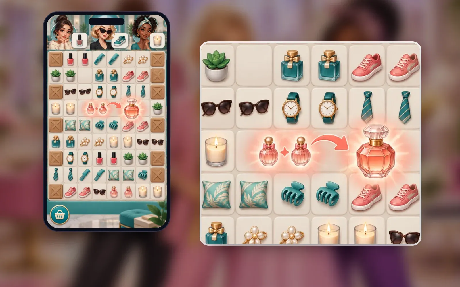 Representative gameplay screen on a phone with a close-up: three stylists with requests above a lilac merge board of beauty items, two lipsticks merging into a compact