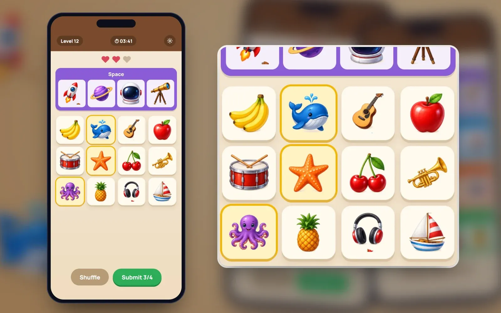 Representative screen on a phone with a close-up: the Space group solved above a grid of twelve pictures, with a whale, starfish and octopus selected