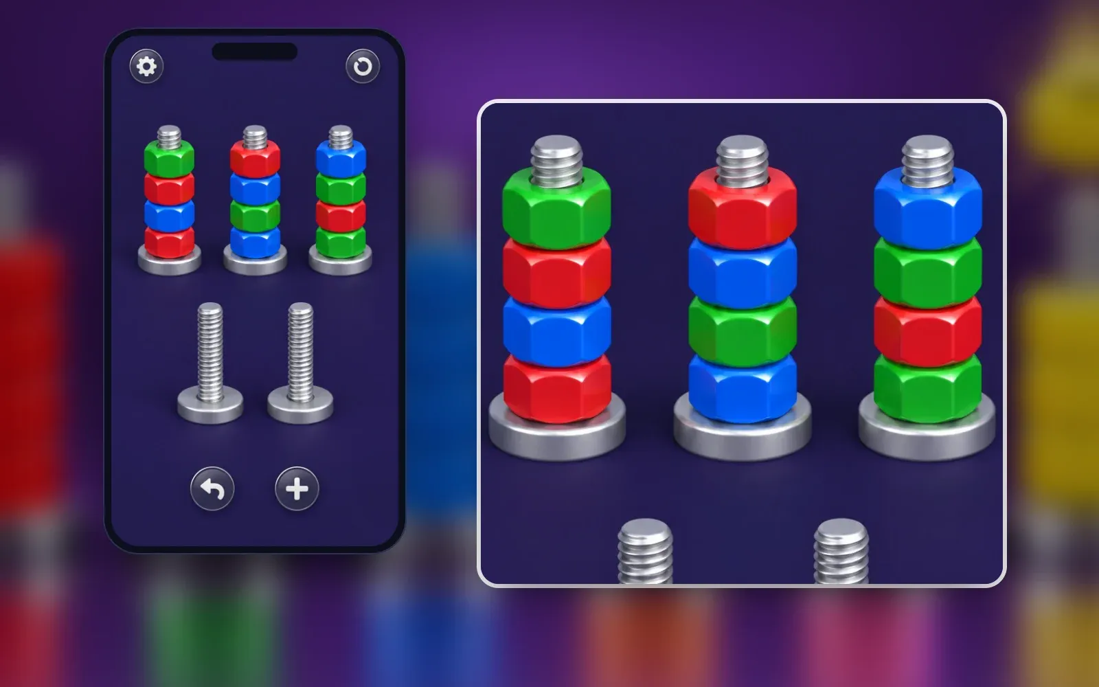 Representative puzzle screen on a phone with a close-up: three bolts with mixed red, blue and green nuts — four of each colour — and two empty bolts