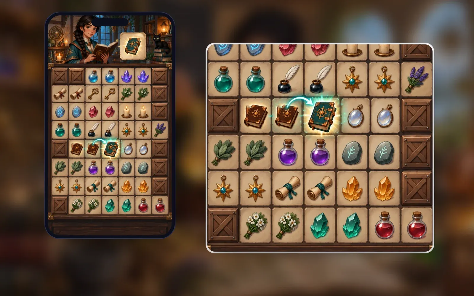 Representative gameplay screen on a phone with a close-up: an apprentice holding a book with a request card for a grimoire, above a 7 by 8 merge board of potions, crystals, keys, scrolls and candles in pairs, with two spell books merging into a glowing grimoire