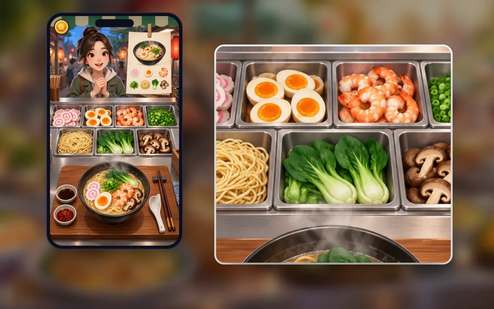 Representative gameplay screen on a phone with a close-up: a customer and her order slip for a ramen bowl, trays of ingredients and the bowl being assembled