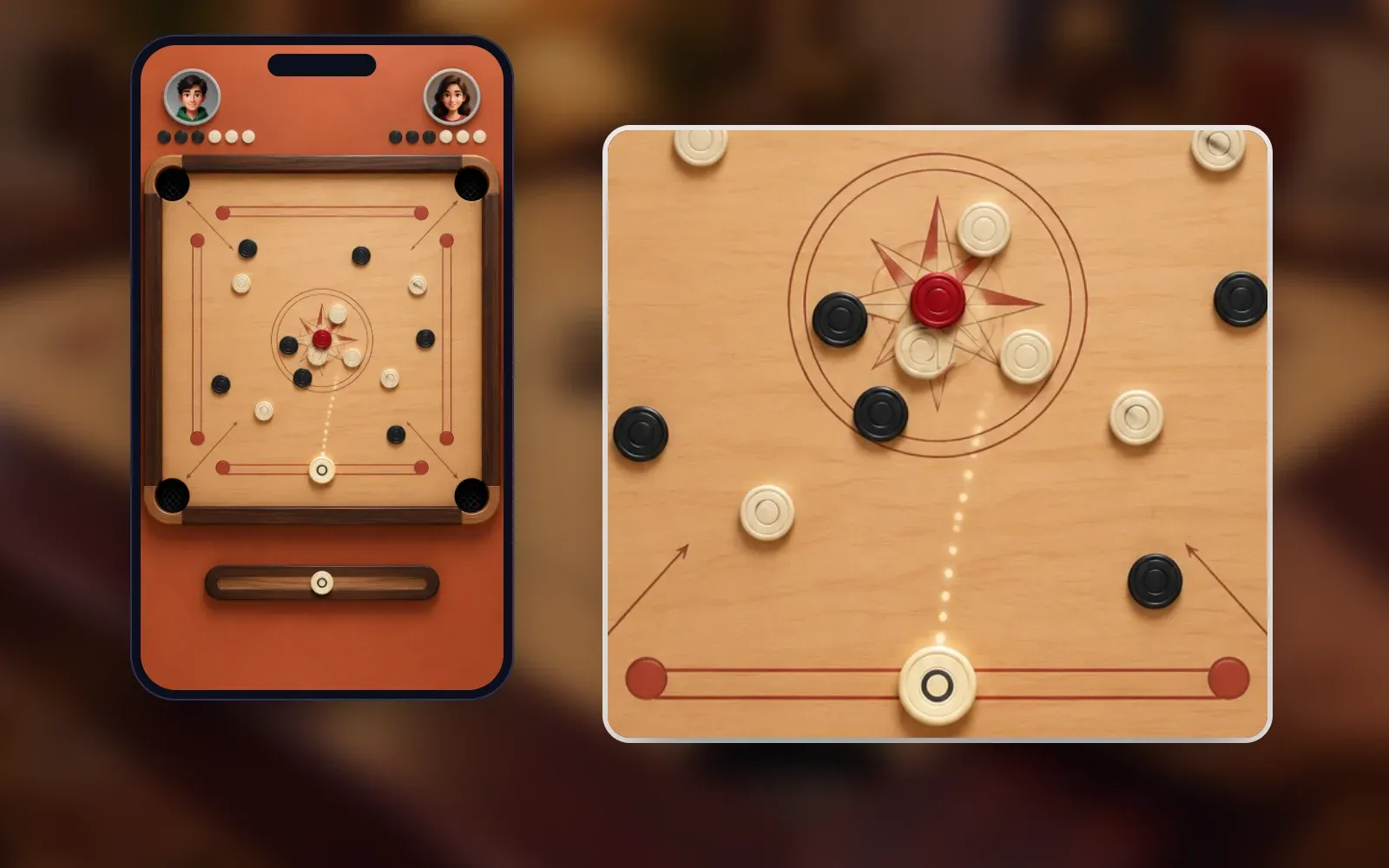 Representative gameplay screen on a phone with a close-up: a carrom board from above mid-game, two player avatars, and the striker on the baseline with a dotted aim line