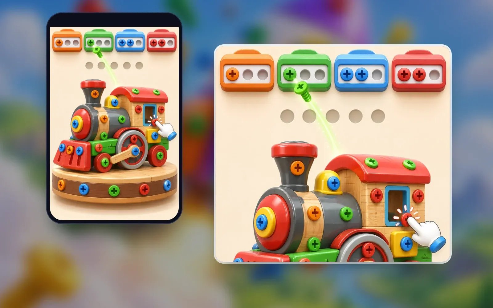 Representative puzzle screen on a phone with a close-up: four colour boxes with three screw slots each, five empty holding slots, and a toy locomotive on a wooden turntable covered in coloured screws, with one green screw flying up to the green box