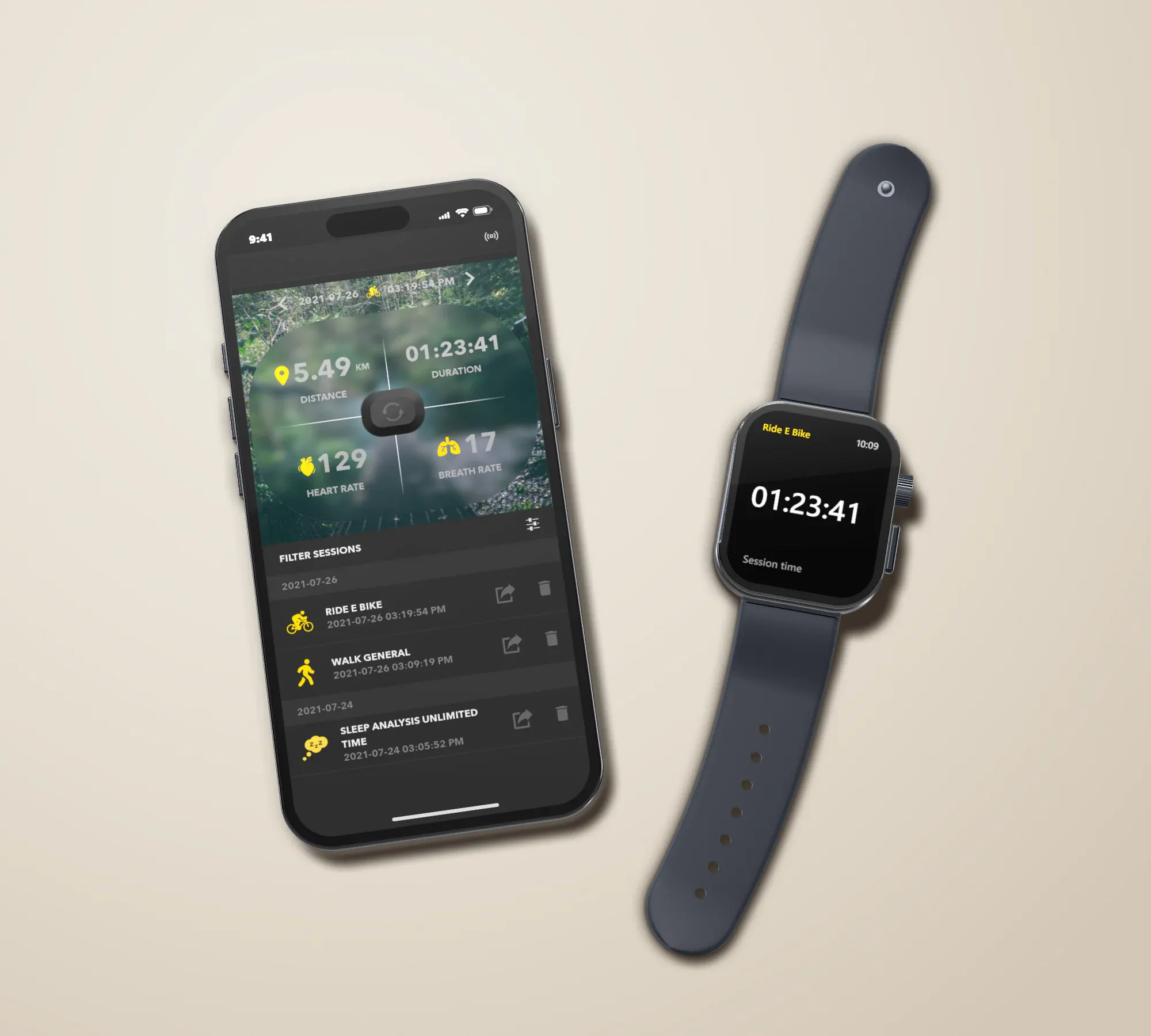 Rendered iPhone lying on a stone surface, showing a recorded session in the app — 5.49 km, 01:23:41, heart rate 129 and breath rate 17 over a map, above the list of sessions — beside a rendered Apple Watch with an illustrated face showing the same e-bike session's time