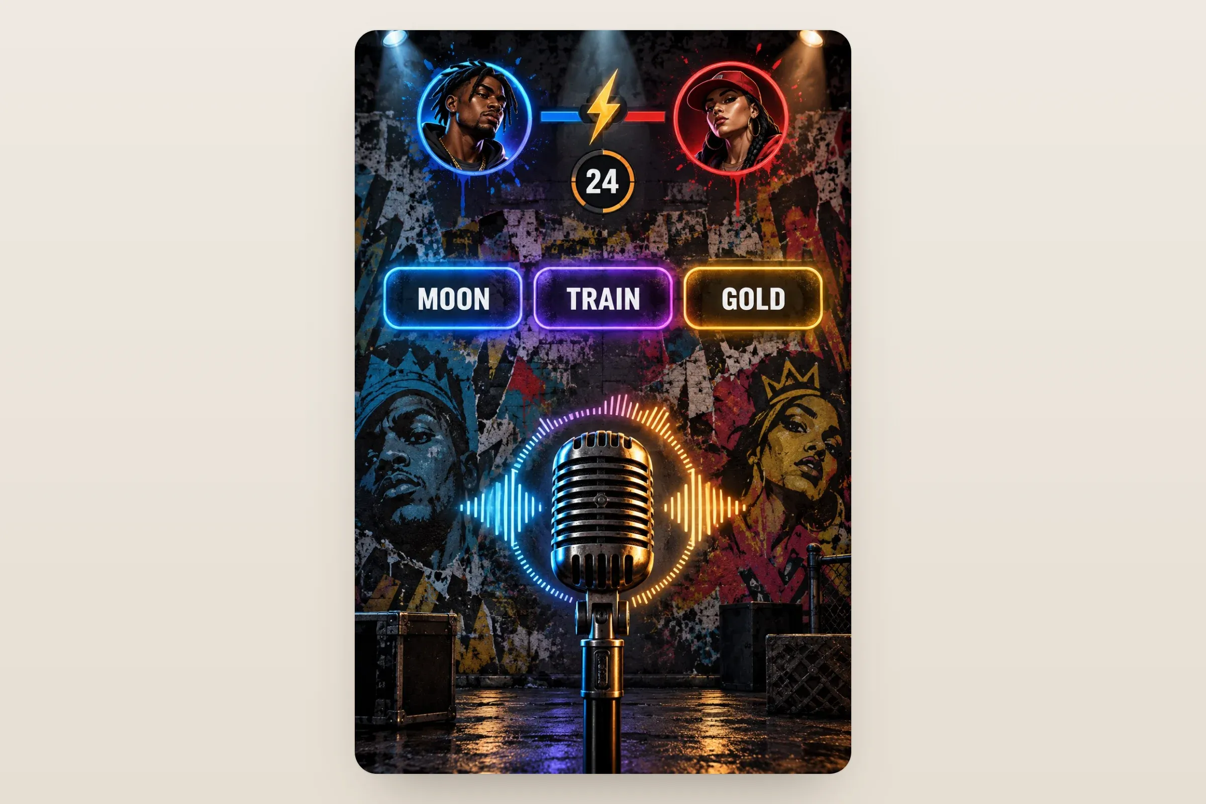 Representative artwork: a rap battle screen on a poster-covered wall — two player avatars with a versus badge and a 24-second countdown, three glowing word prompts — moon, train, gold — and a studio microphone with a sound-wave ring