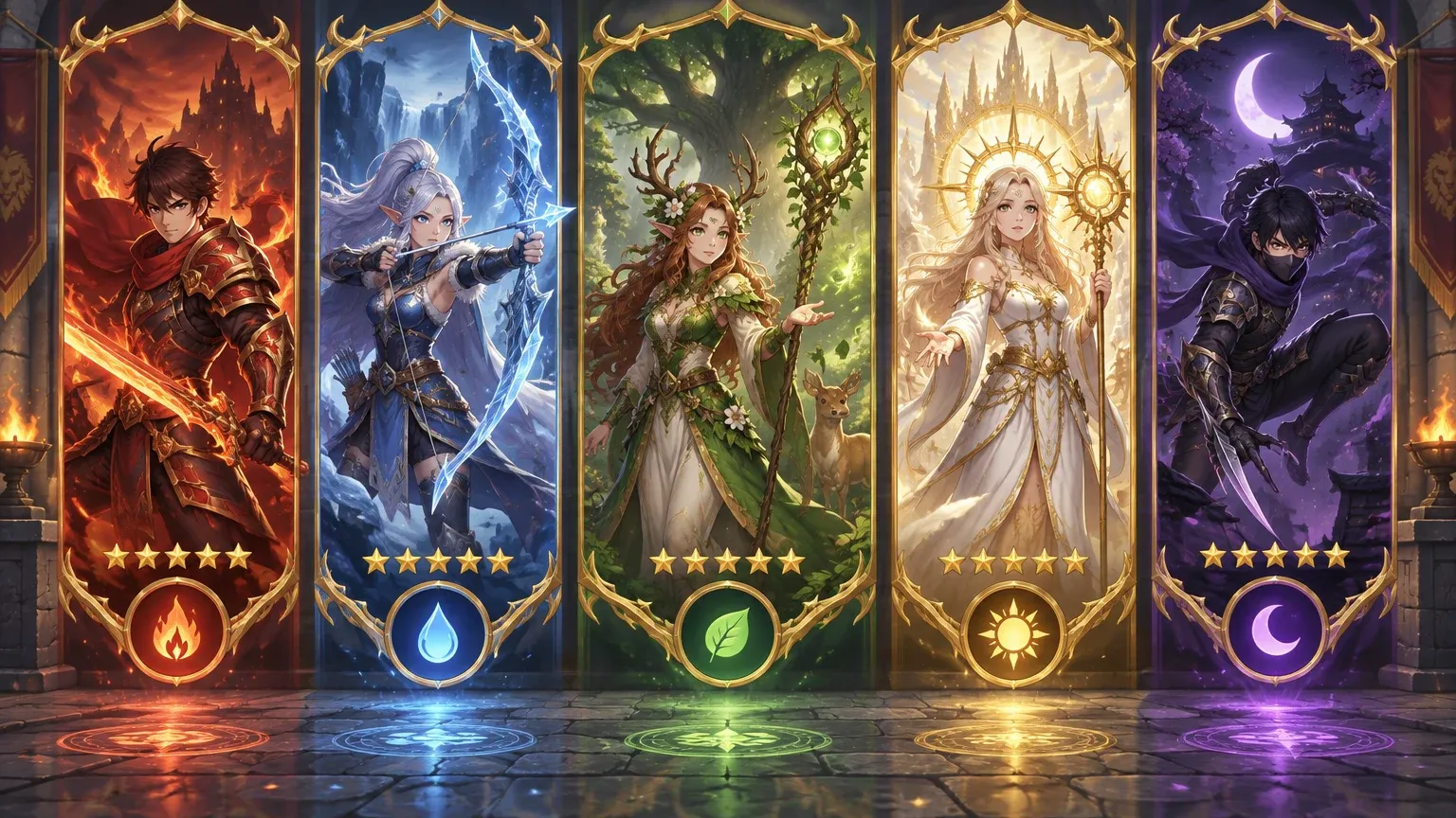 Representative artwork: five ornate hero cards side by side — a fire swordsman on red, an ice archer on blue, a leaf druid on green, a light priestess on gold and a shadow ninja on purple — each with five stars and its element emblem