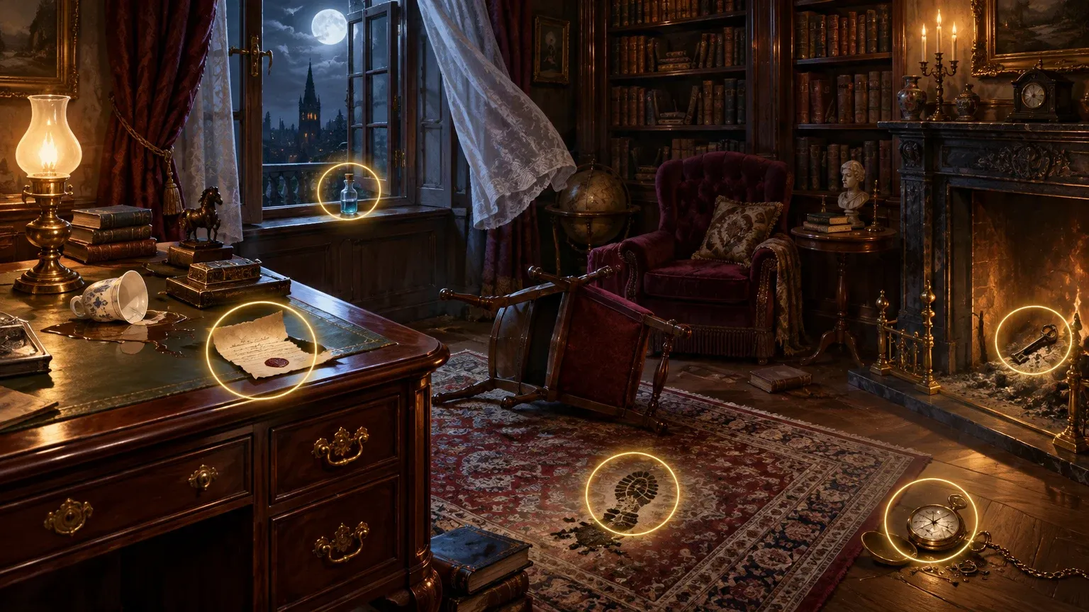Representative artwork: a Victorian study at night with an open window and toppled chair, five clue spots ringed in gold — a torn letter on the desk, a footprint on the rug, a broken pocket watch, a key in the fireplace and a vial on the windowsill