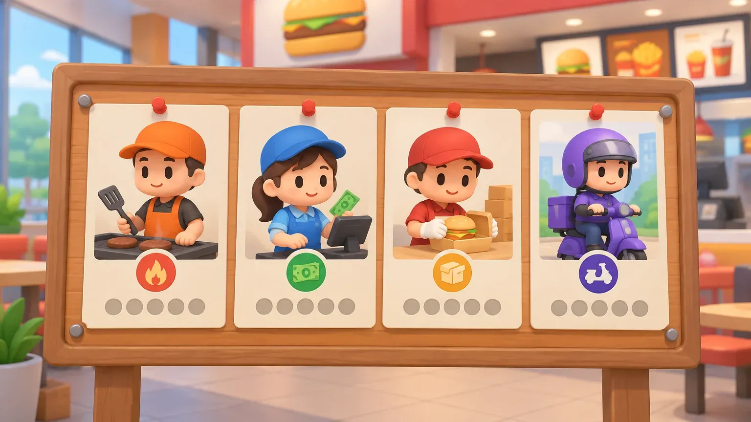 Representative artwork: a wooden notice board with four pinned cards — a grill cook, a cashier, a packer and a delivery rider — each with a skill row