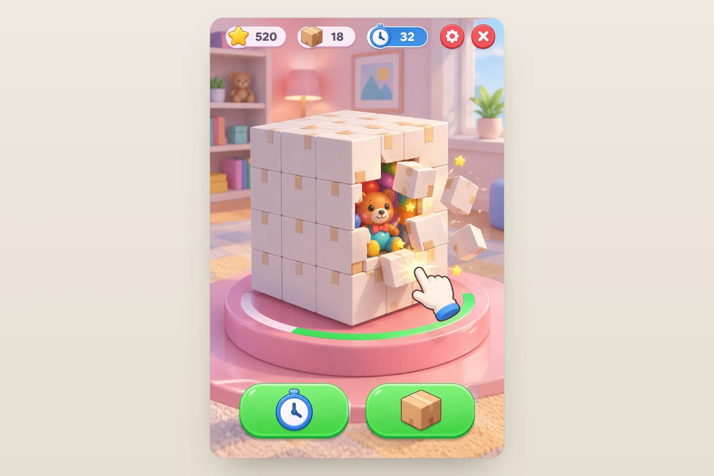 Representative artwork: a large taped cube on a pink turntable with panels popping off to reveal a toy bear, a tapping hand, counters for points, boxes and time, and two booster buttons
