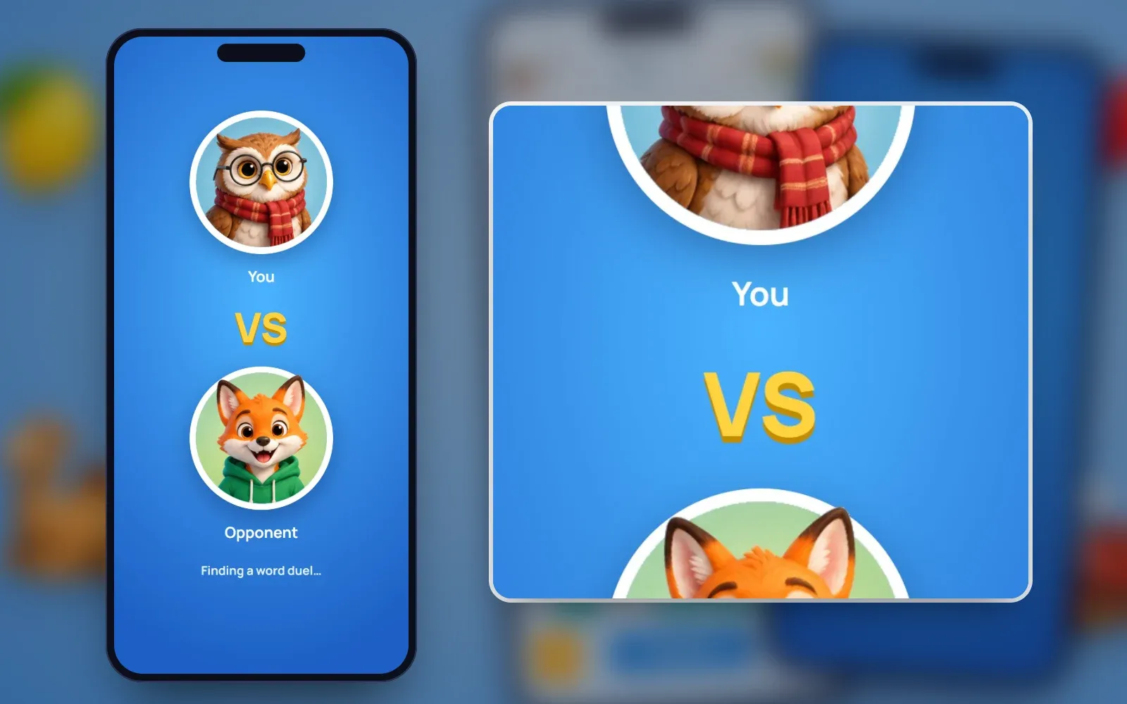 Representative screen: a versus screen with an owl avatar for the player and a fox avatar for the opponent